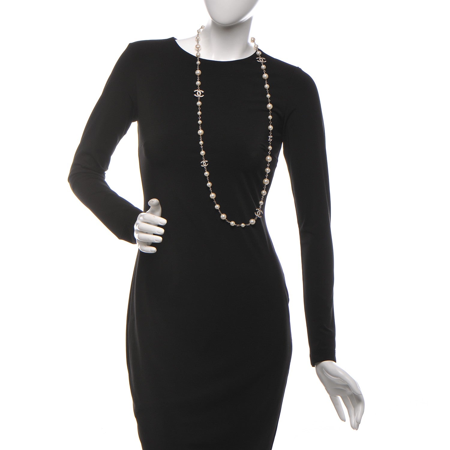 Chanel Crystal Pearl CC Long Necklace Silver 2 of 4
