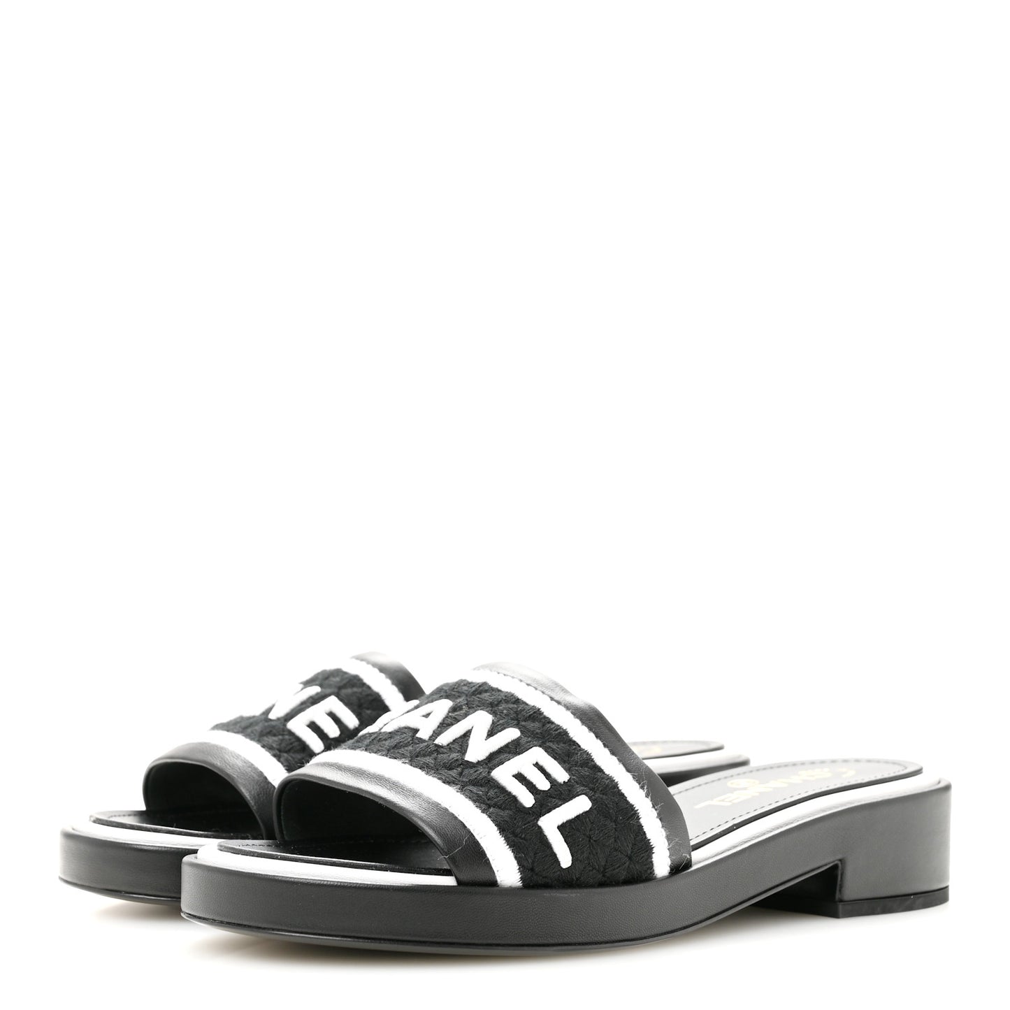 Lambskin Embroidered CC Mule Sandal 38.5 Black White