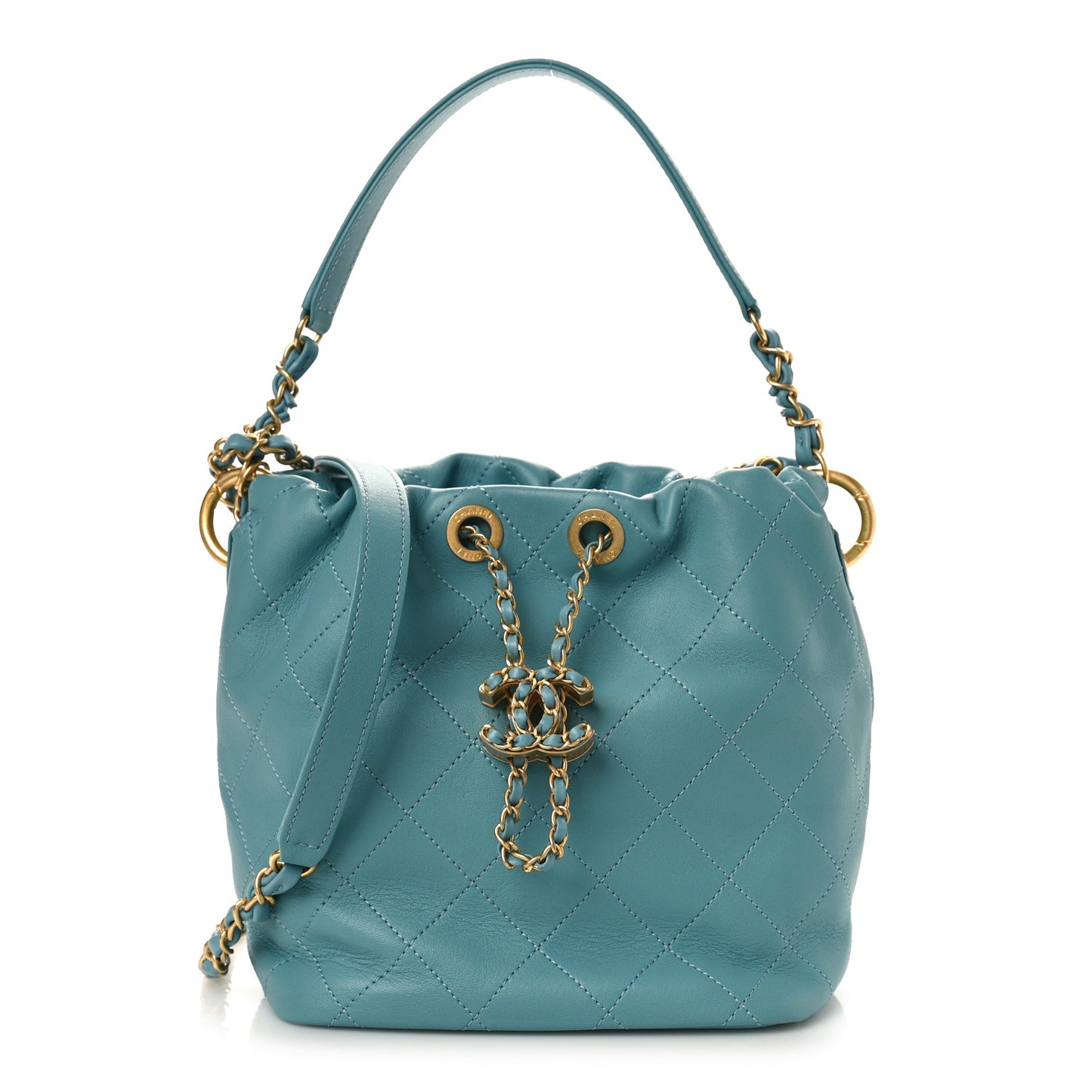 Lambskin Quilted Antique Signs Drawstring Bag Blue