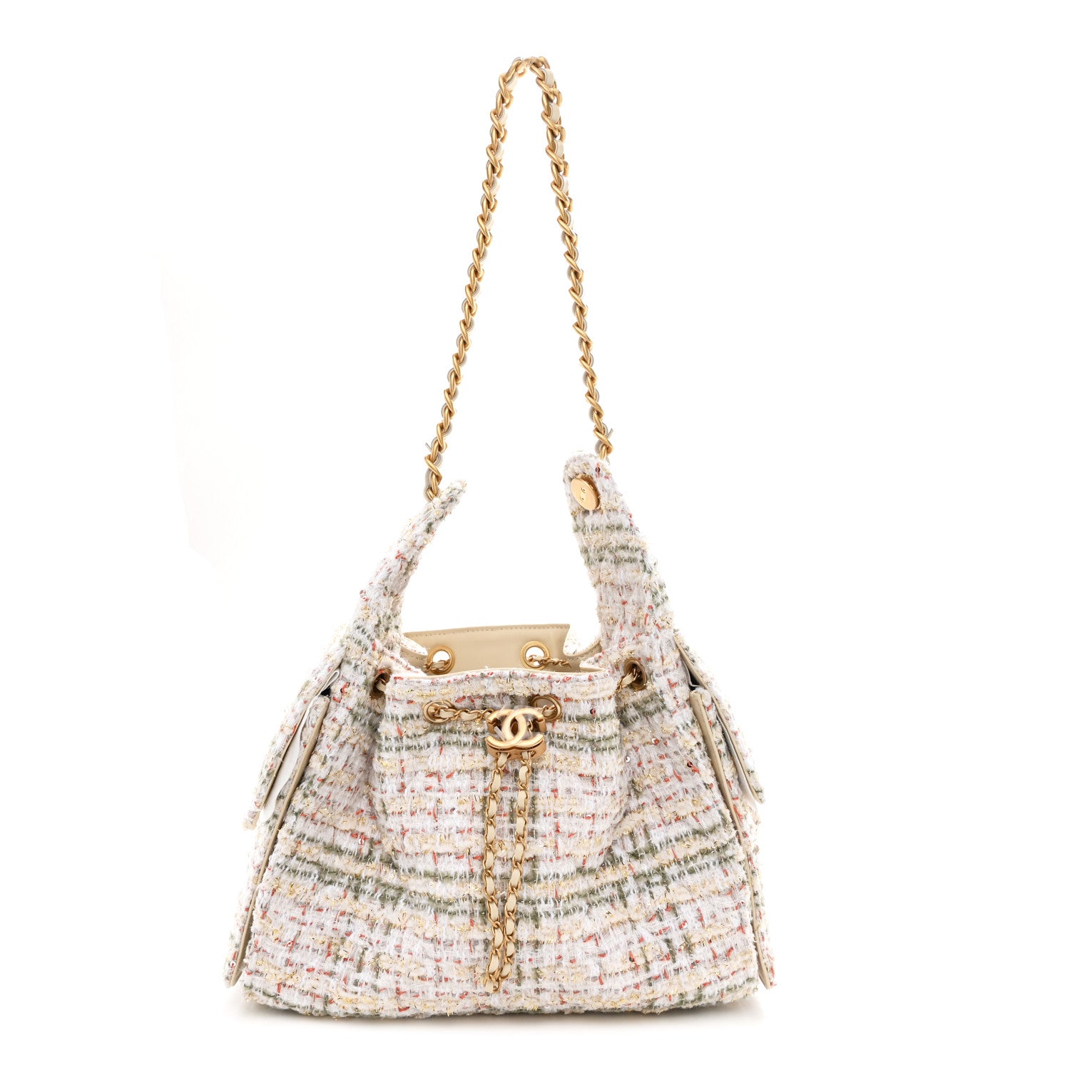 Chanel Tweed Quilted Small Chanel 25 Handbag Ecru Khaki Gold Red