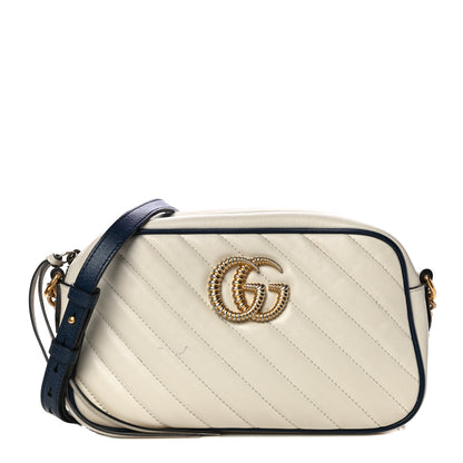Gucci Vintage Effect Calfskin Matelasse Diagonal Small Torchon GG Marmont Chain Shoulder Bag Mystic White Blue Agata 1 of 17