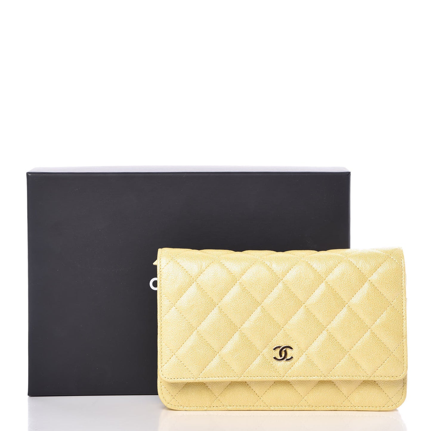 Iridescent Caviar Quilted Wallet on Chain WOC Yellow