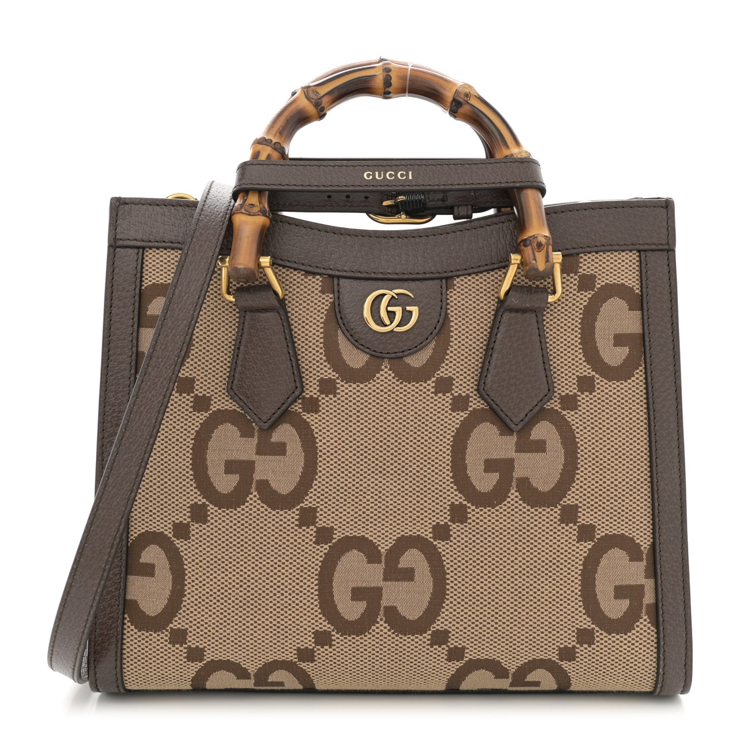 Gucci Monogram Jumbo GG Textured Dollar Calfskin Small Diana Tote Bag Camel Ebony New Acero 1 of 10