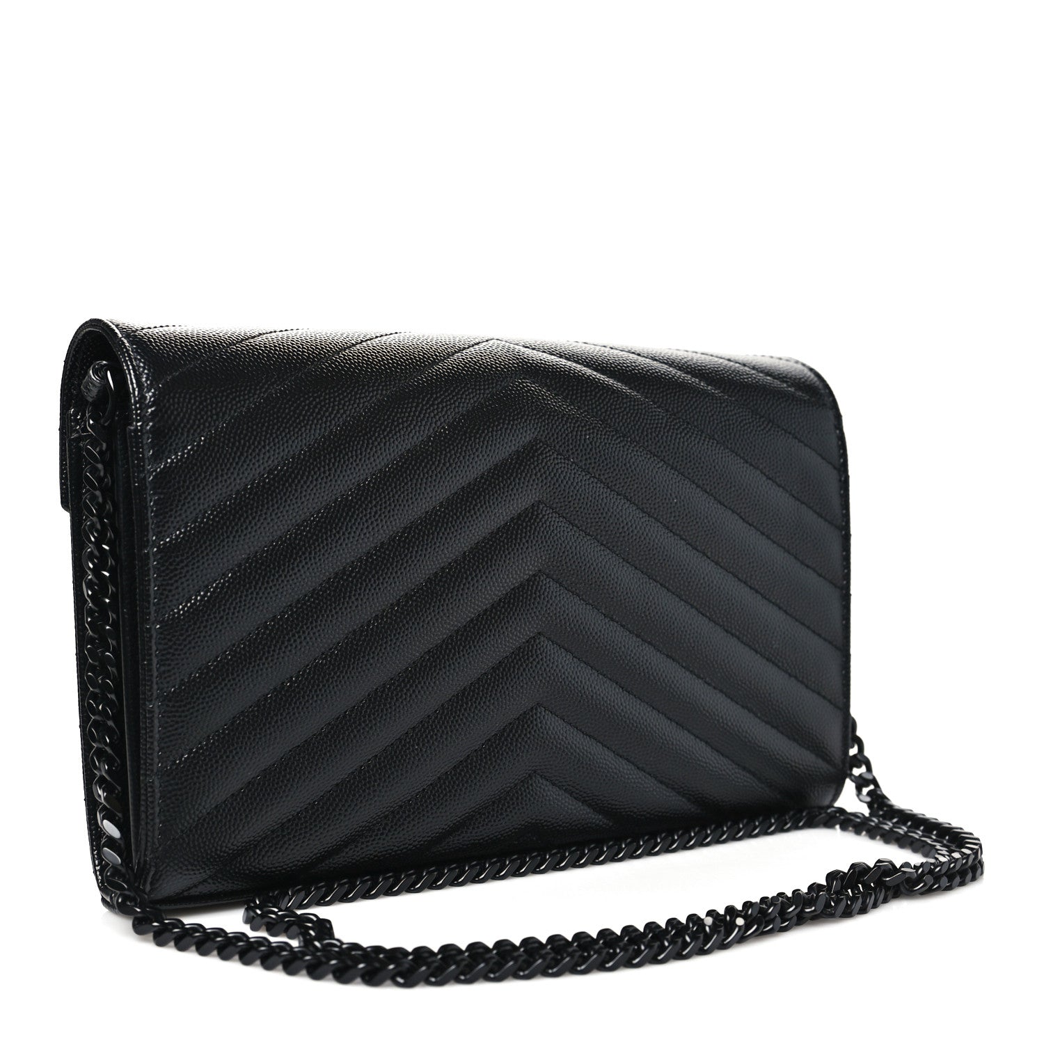 Saint Laurent Grain De Poudre Matelasse Chevron Monogram Monochrome Chain Wallet Black 3 of 11