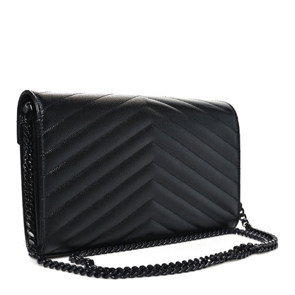 Saint Laurent Grain De Poudre Matelasse Chevron Monogram Monochrome Chain Wallet Black 3 of 11