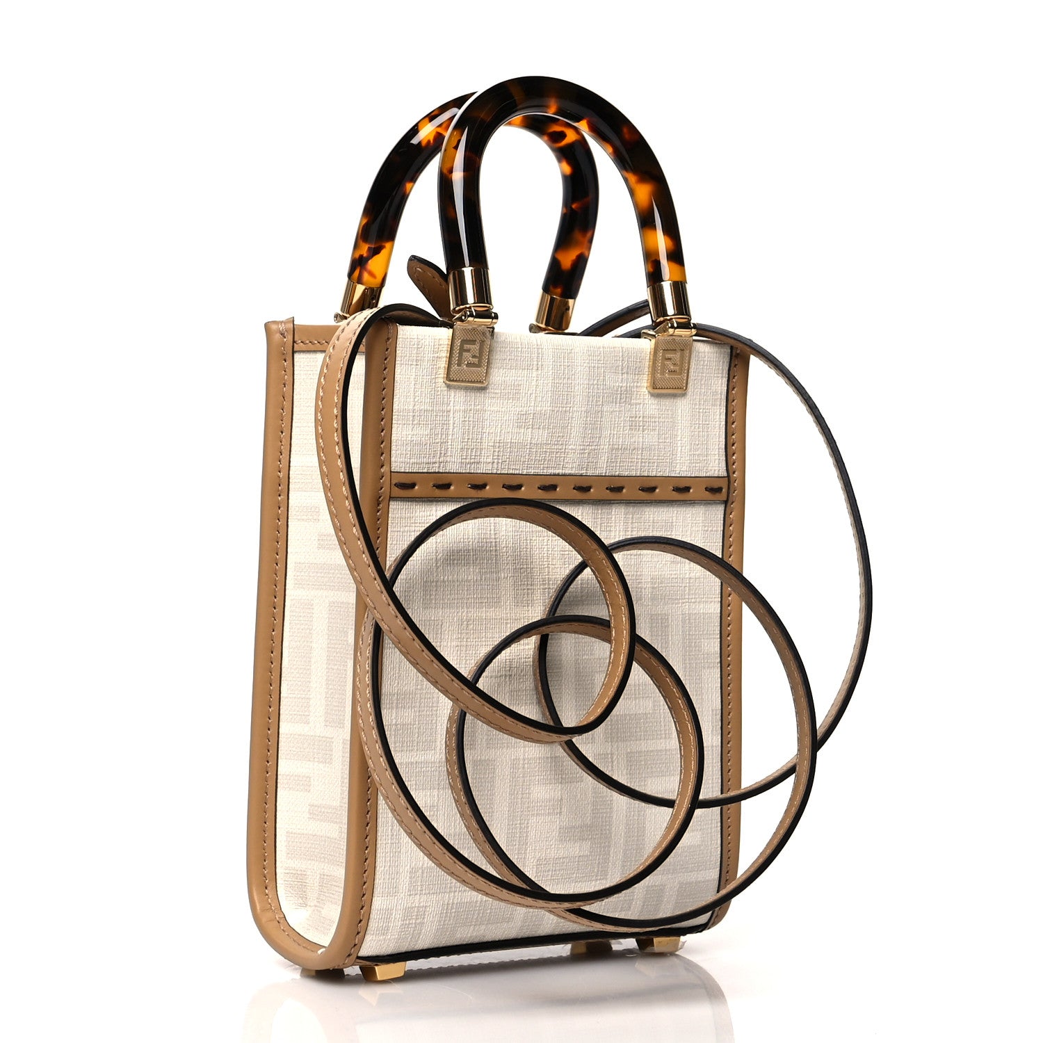 Fendi Glazed Fabric Plexiglass FF Logo Bikini Girls Mini Fendi Sunshine Shopper Tote Bianco Perla Multicolor Miele Scuro 2 of 8