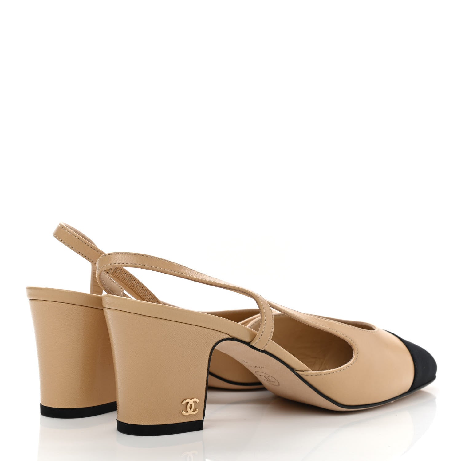 Chanel Goatskin Grosgrain Cap Toe CC Slingback Pumps 37 Beige Black 8 of 18