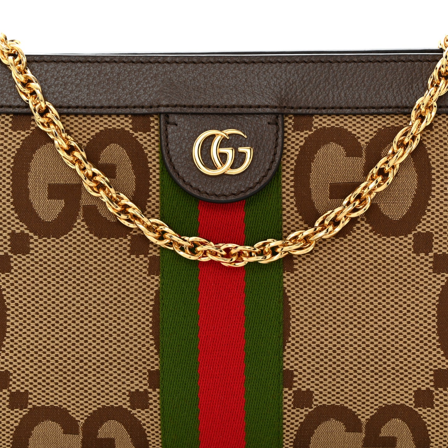 Monogram Jumbo GG Textured Dollar Calfskin Web Small Ophidia Chain Shoulder Bag Camel Ebony New Acero