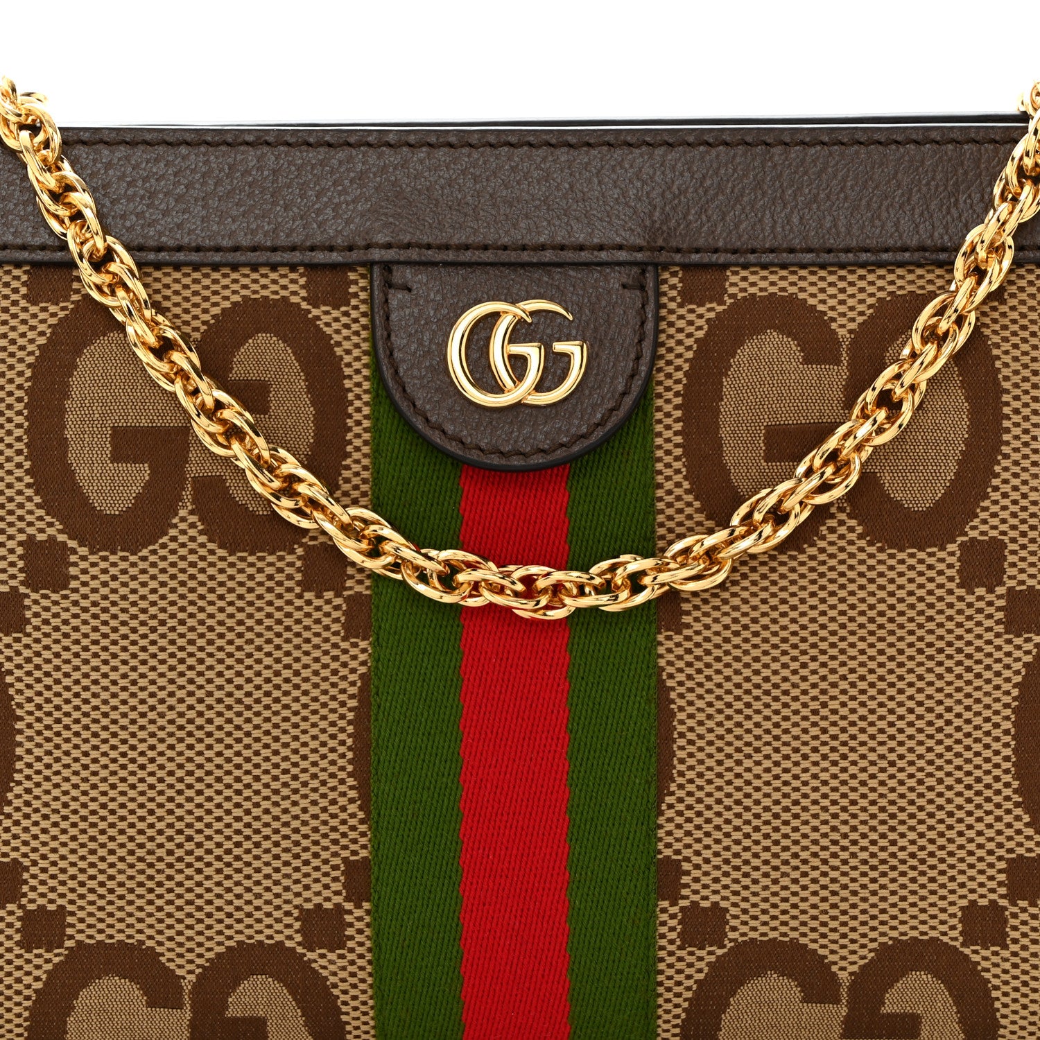 Gucci Monogram Jumbo GG Textured Dollar Calfskin Web Small Ophidia Chain Shoulder Bag Camel Ebony New Acero 9 of 12