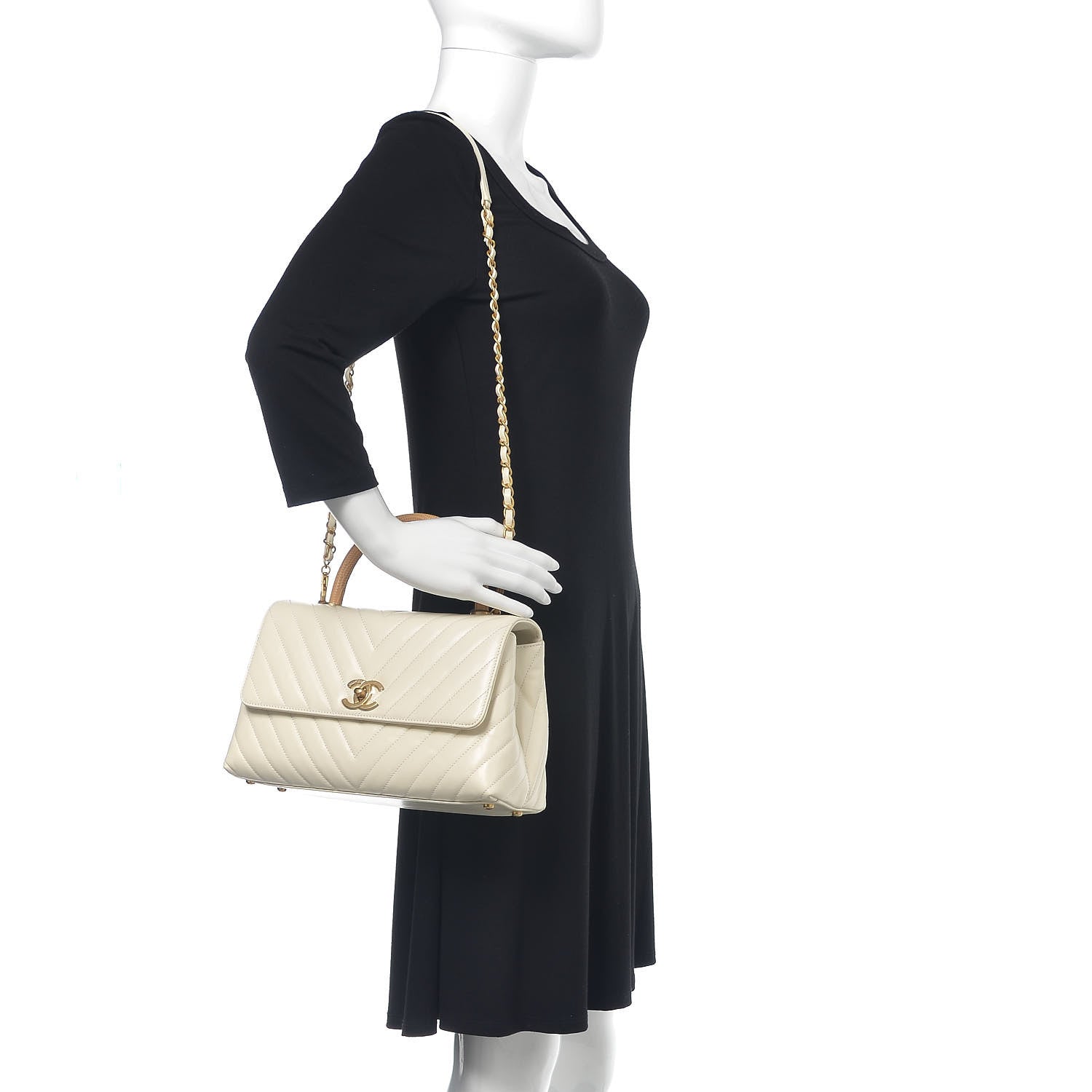 Chanel Calfskin Lizard Chevron Quilted Small Coco Handle Flap Ivory 2 of 9