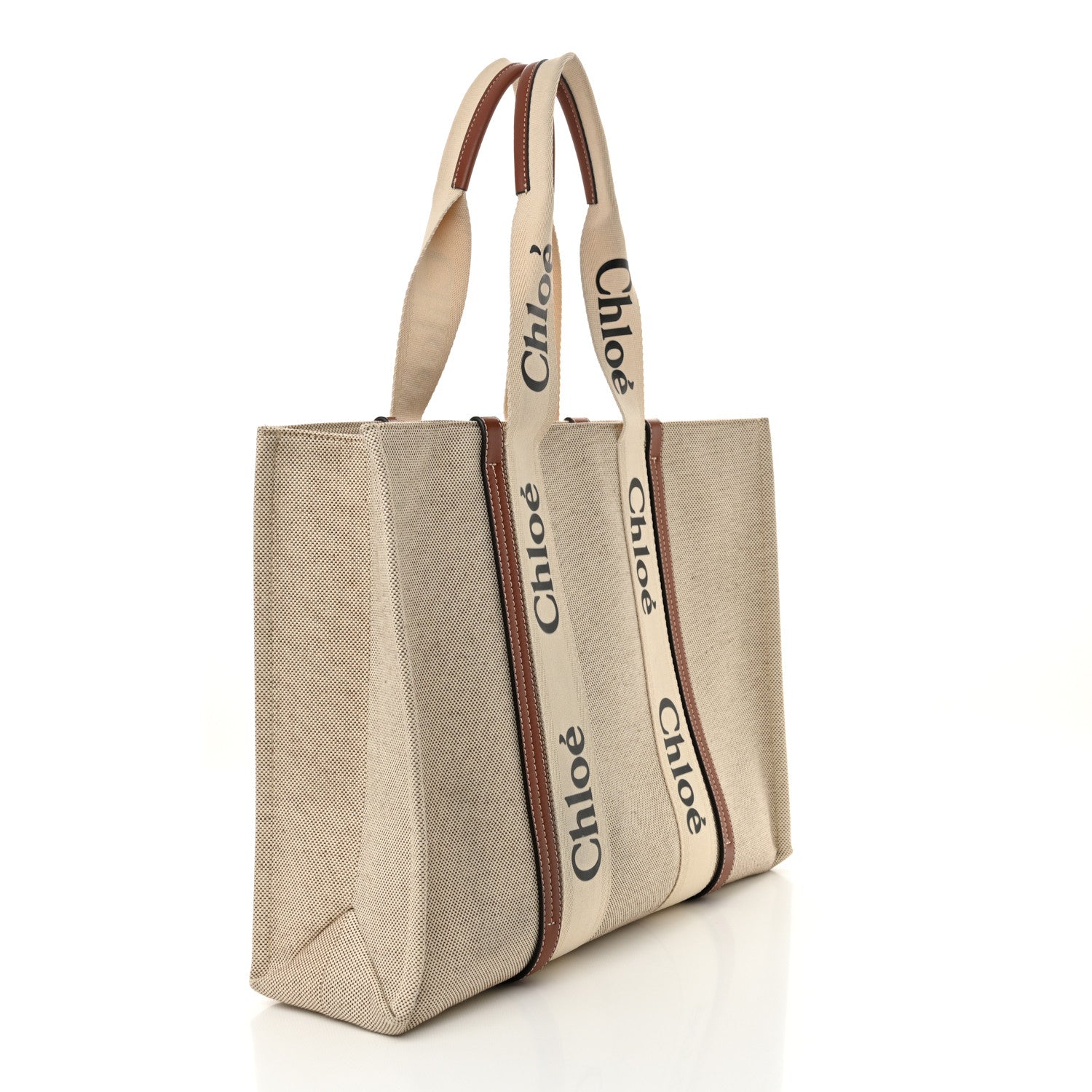 Chloe Cotton Calfskin Large Woody Ribbon Tote White Brown 3 of 12