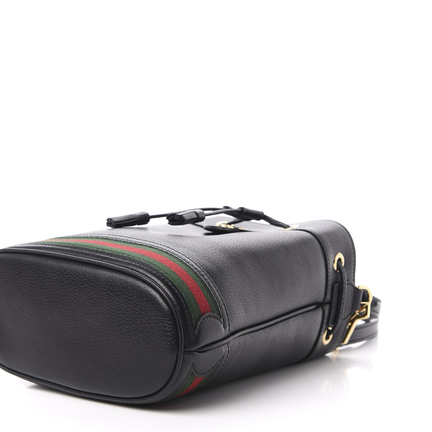 Glazed Textured Calfskin Web Small Ophidia Bucket Bag Black