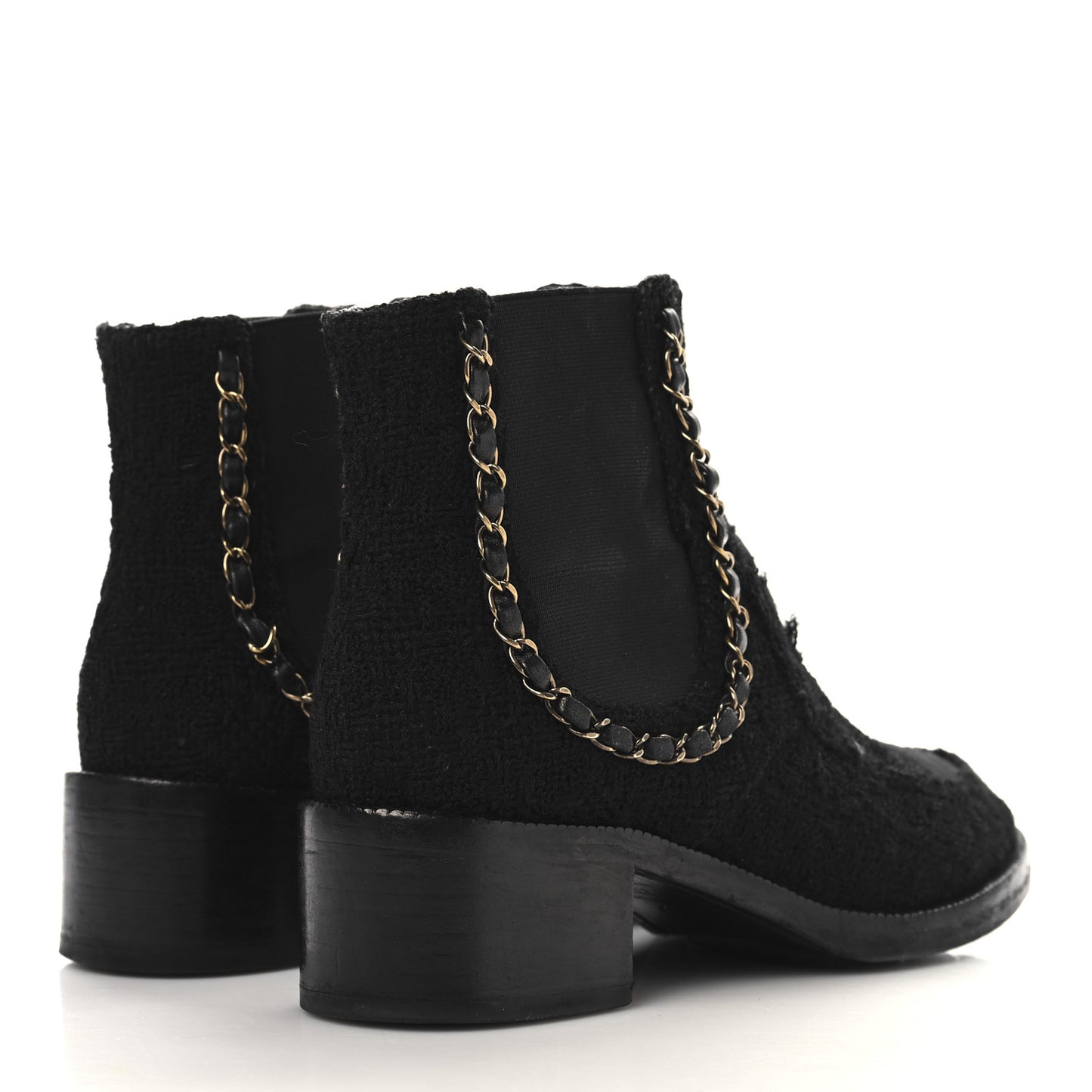 Tweed Calfskin Chain Lace Up Boots 37.5 Black