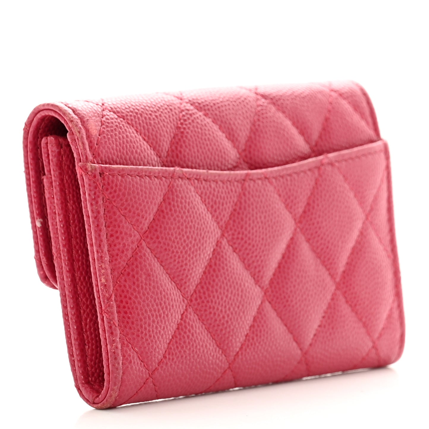 Caviar Quilted Flap Card Holder Wallet Dark Pink