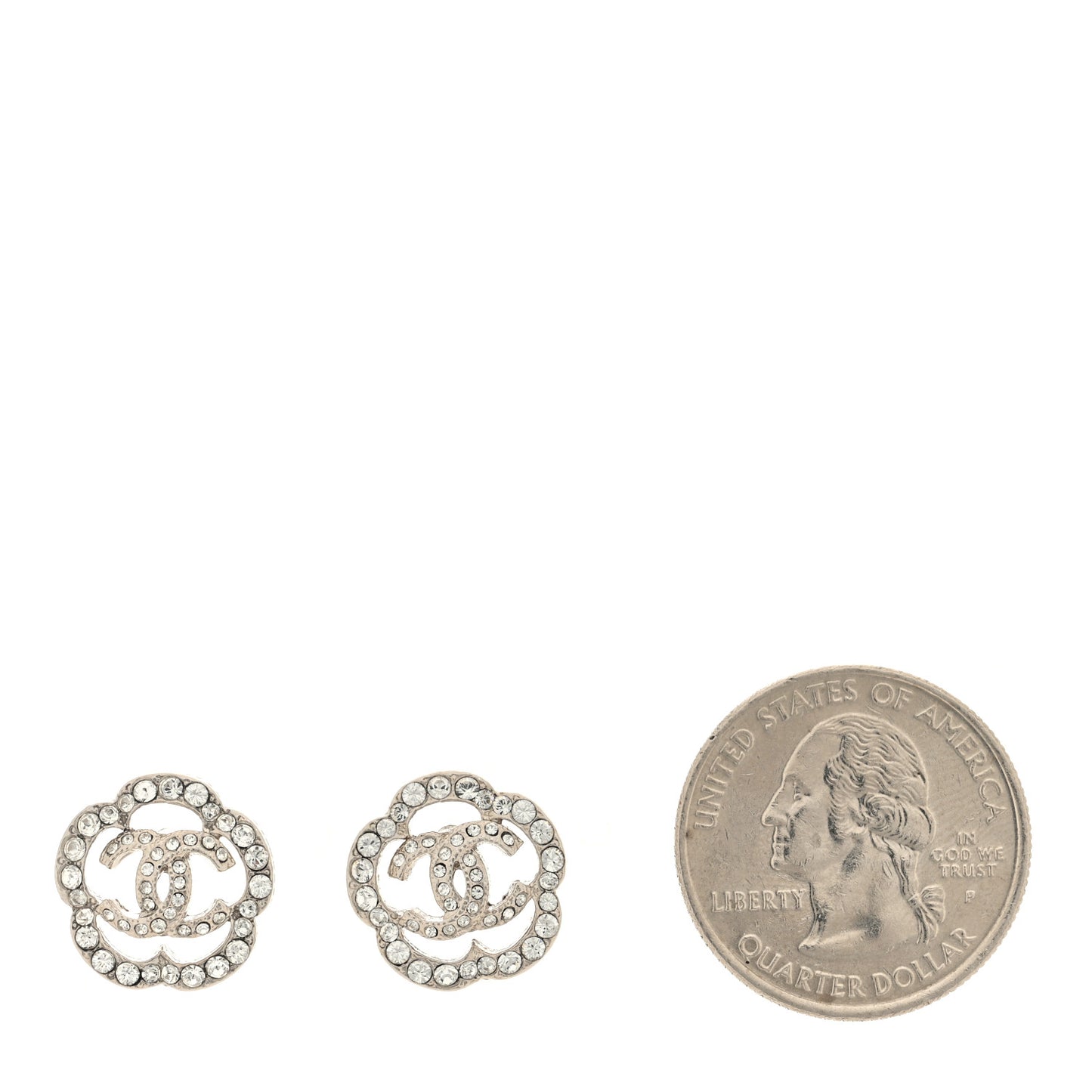 Crystal Coco Flapper Camellia CC Stud Earrings Silver