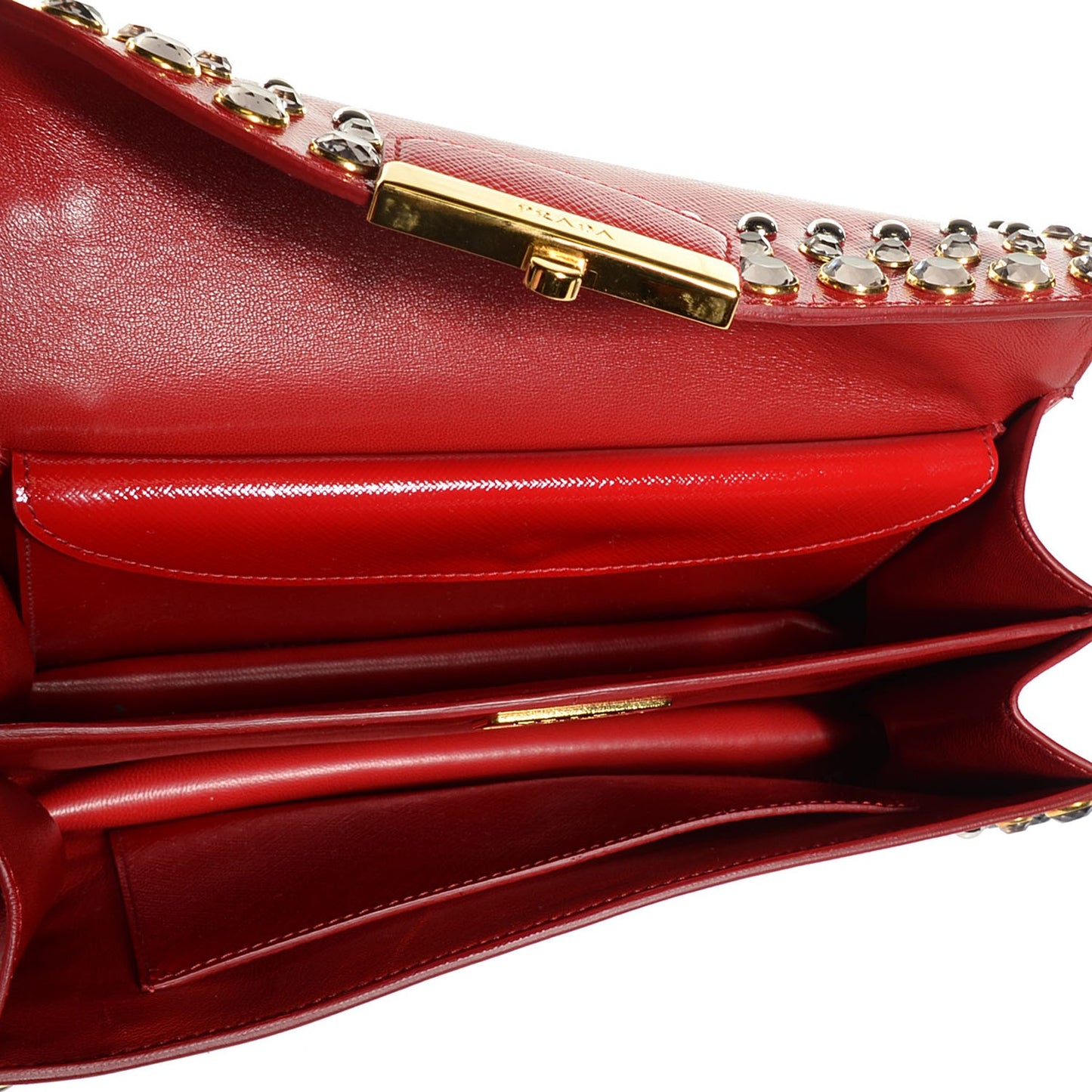 Saffiano Vernice Crystal Sound Shoulder Bag Rosso