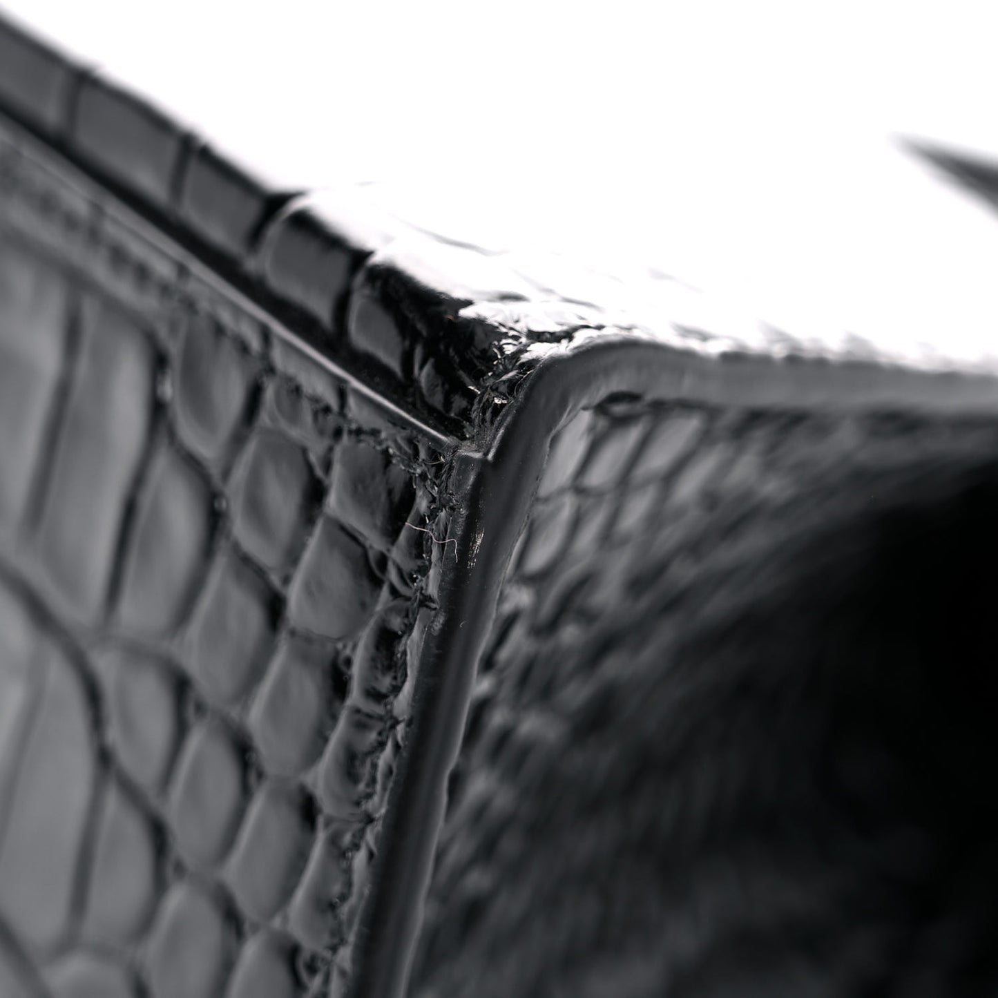 Shiny Calfskin Crocodile Embossed Small Hourglass Top Handle Bag Black