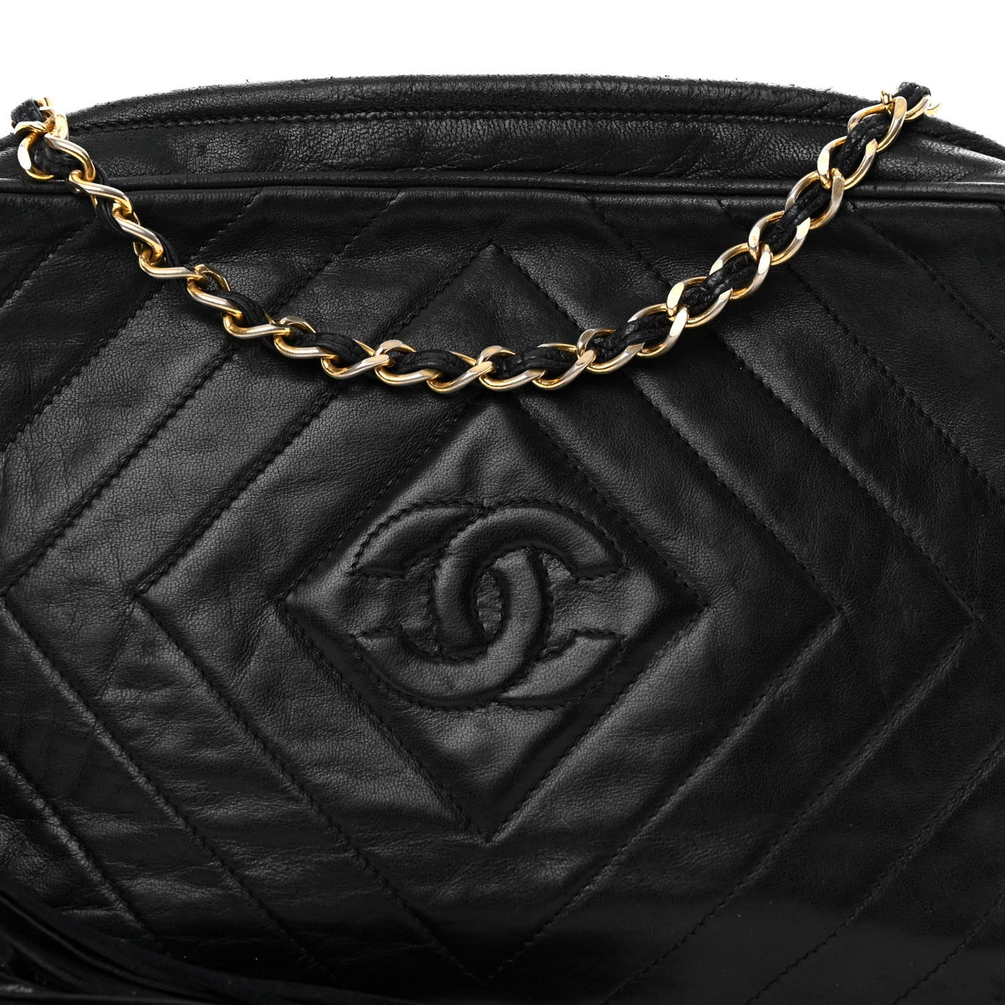 Lambskin Chevron Quilted Tassel Camera Case Black