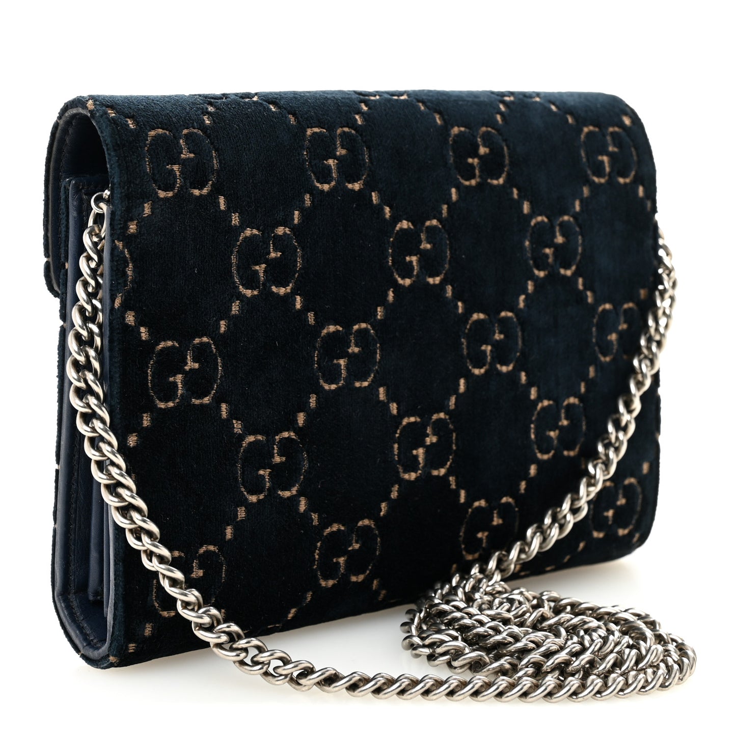 Velvet Crystal GG Monogram Mini Dionysus Chain Wallet Blue Beige Black