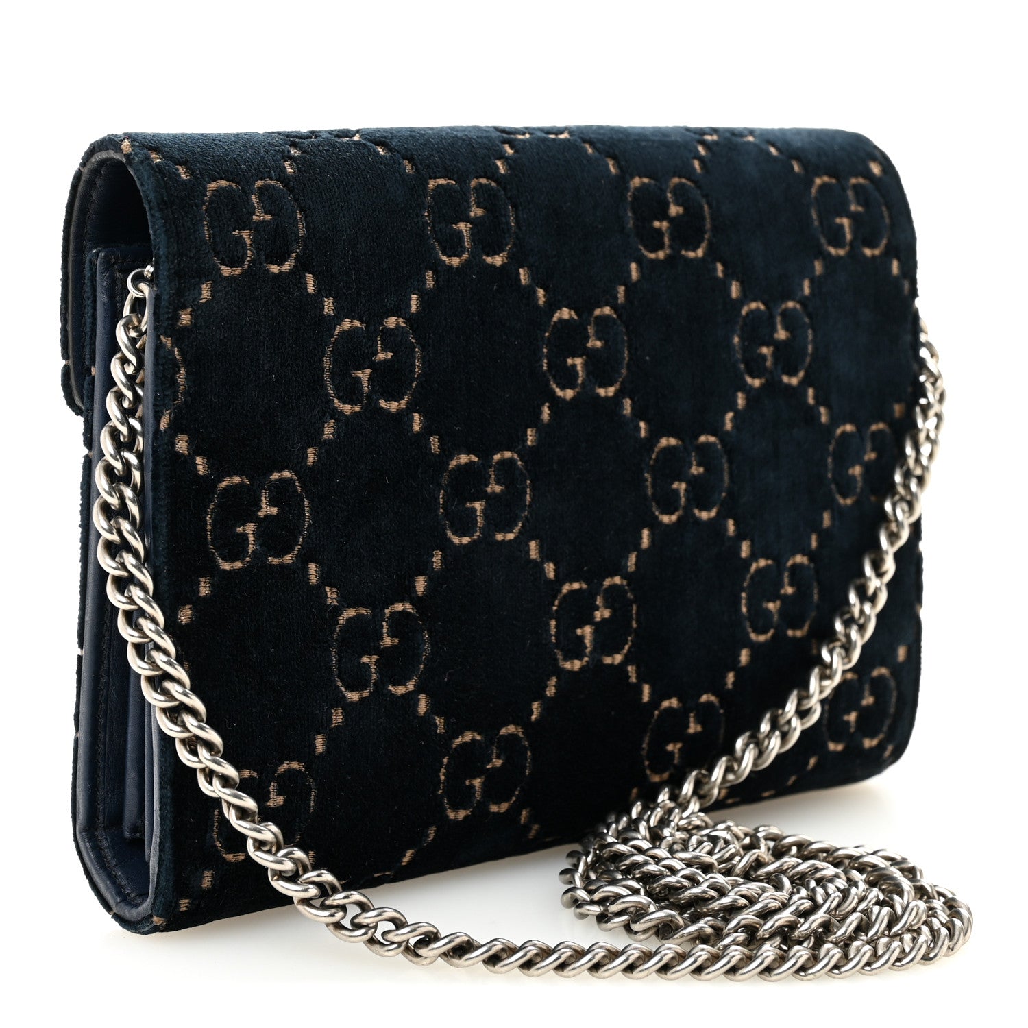 Gucci Velvet Crystal GG Monogram Mini Dionysus Chain Wallet Blue Beige Black 3 of 10