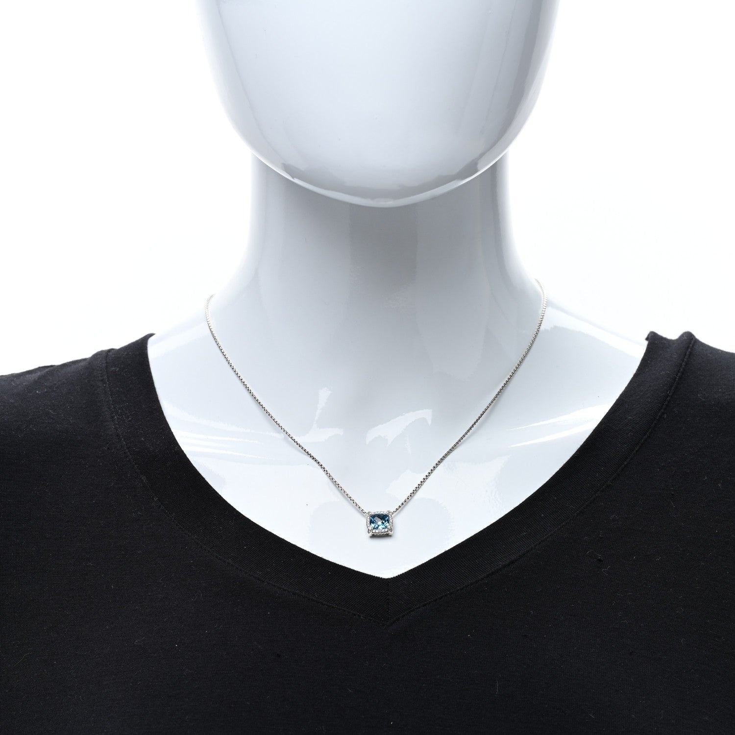 David Yurman Sterling SIlver Diamond Blue Topaz 7mm Petite Chatelaine Pave Bezel Pendant Necklace 3 of 4