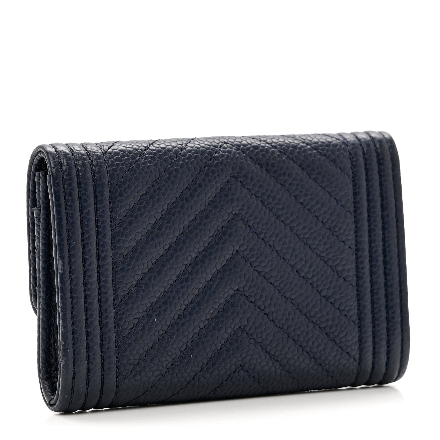 Caviar Chevron Quilted Boy Card Holder Wallet Navy Blue