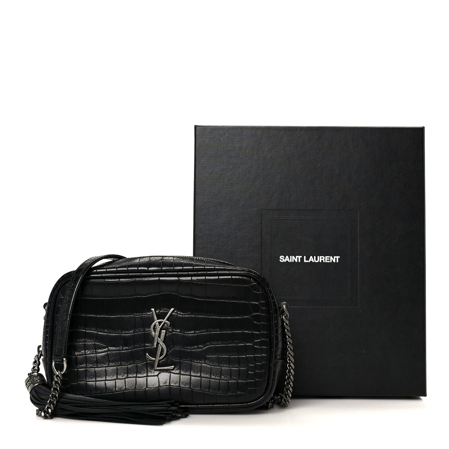 Saint Laurent Calfskin Crocodile Embossed Monogram Mini Lou Camera
