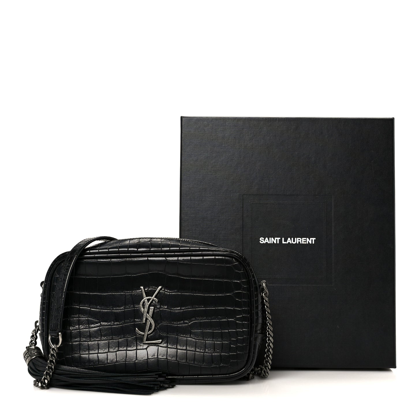 Calfskin Crocodile Embossed Monogram Mini Lou Camera Bag Black