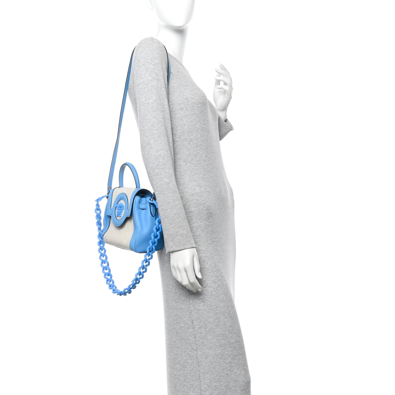 Versace Grained Calfskin Canvas Small La Medusa Chain Top Handle Handbag Rope Blue 2 of 10