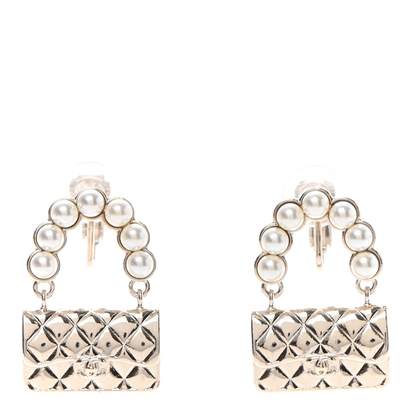 Pearl Quilted CC Clip On Flap Bag Earrings Gold