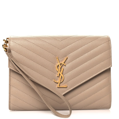 Saint Laurent Grain De Poudre Matelasse Chevron Monogram Envelope Clutch Dark Beige 1 of 11
