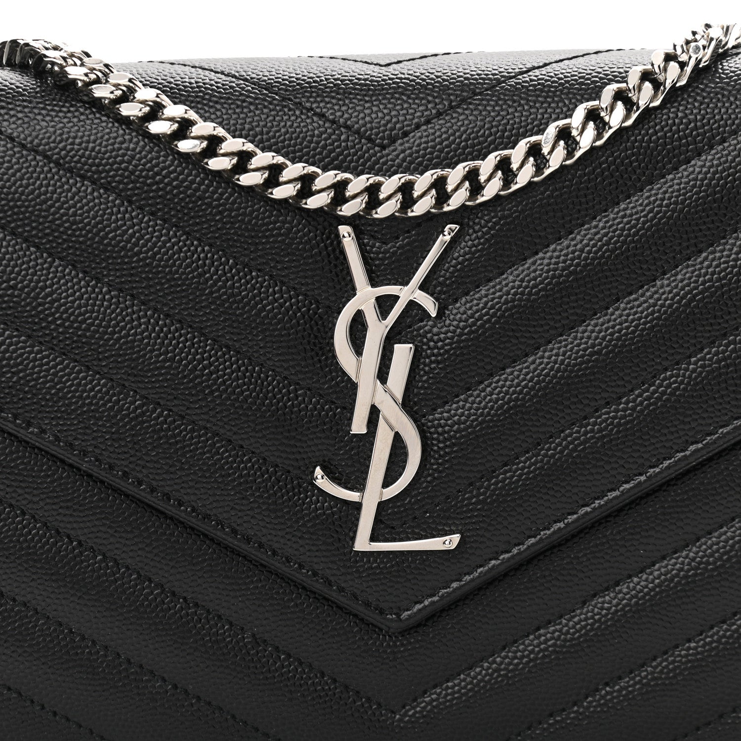 Saint Laurent Grain De Poudre Matelasse Chevron Monogram Chain Wallet Black 7 of 11