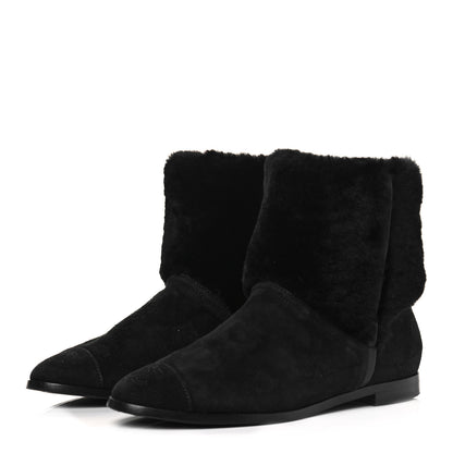 Chanel Suede Shearling Cap Toe Short Boots 38.5 Black 4 of 7