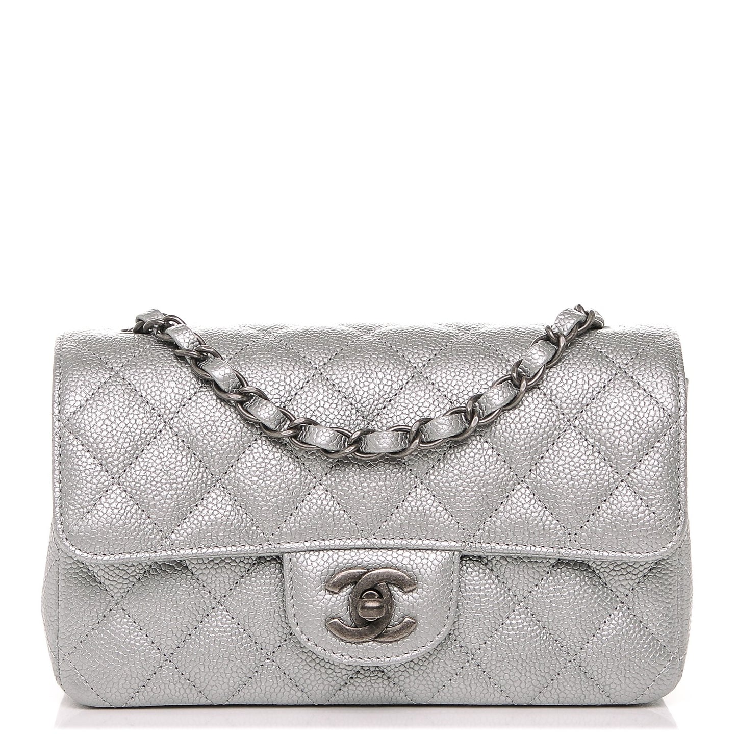 Metallic Caviar Quilted Mini Rectangular Flap Silver