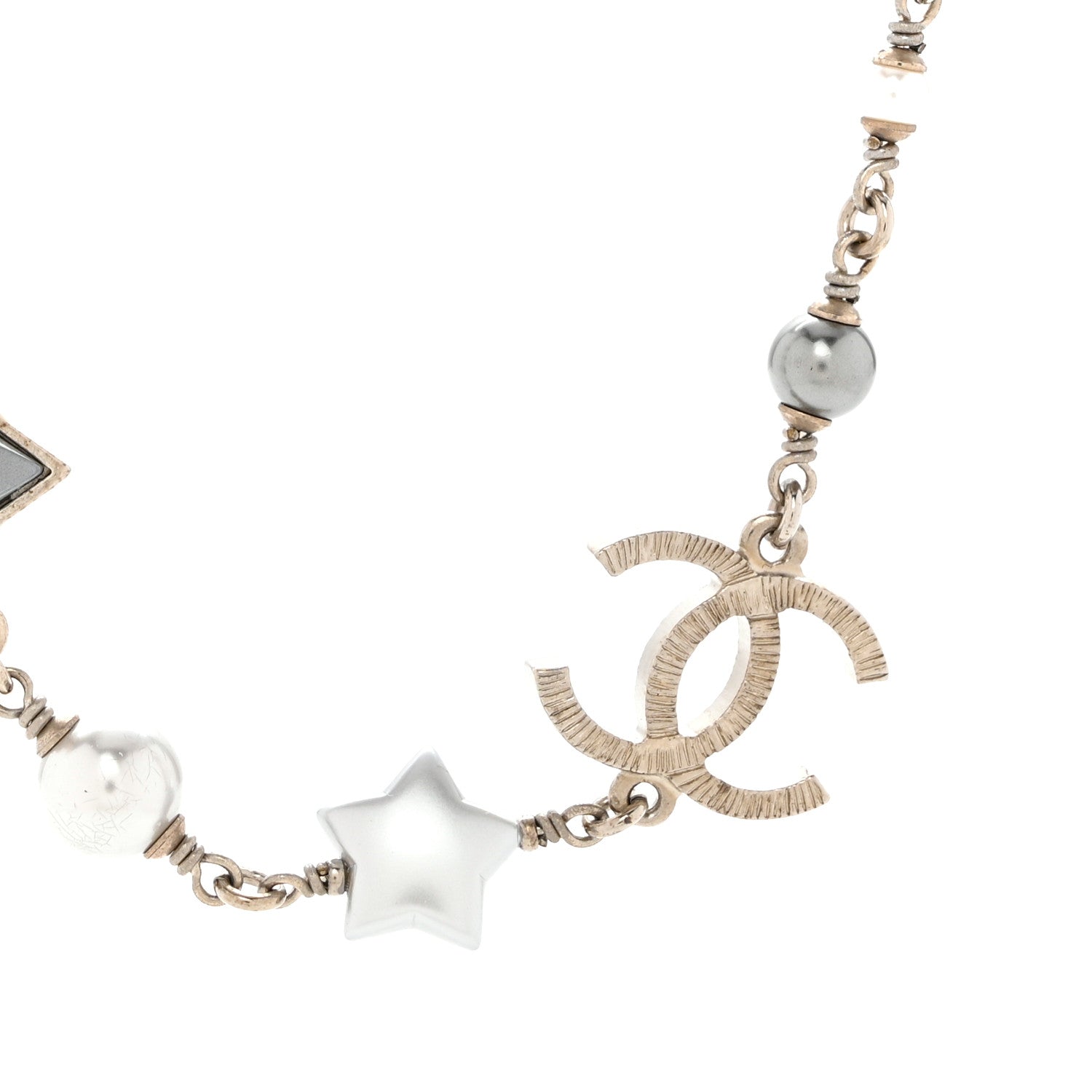 Chanel Metal Resin Pearl Star CC Necklace Silver 4 of 7
