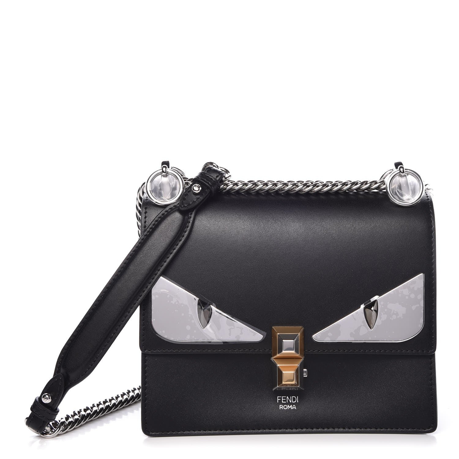 Fendi Vitello Liberty Lucido Metal Monster Eyes Studded Small Kan I Shoulder Bag Black 1 of 8