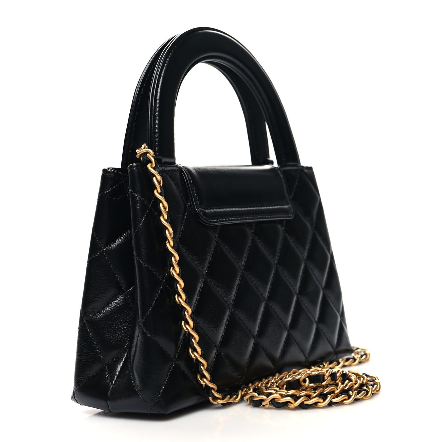 Shiny Aged Calfskin Quilted Nano Kelly Shopper Black