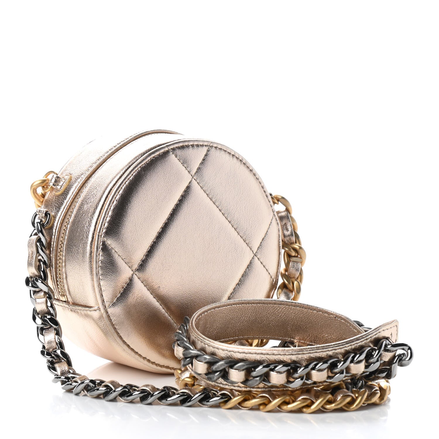 Chanel Metallic Lambskin Quilted Chanel 19 Round Clutch With Chain Gold 3 of 7