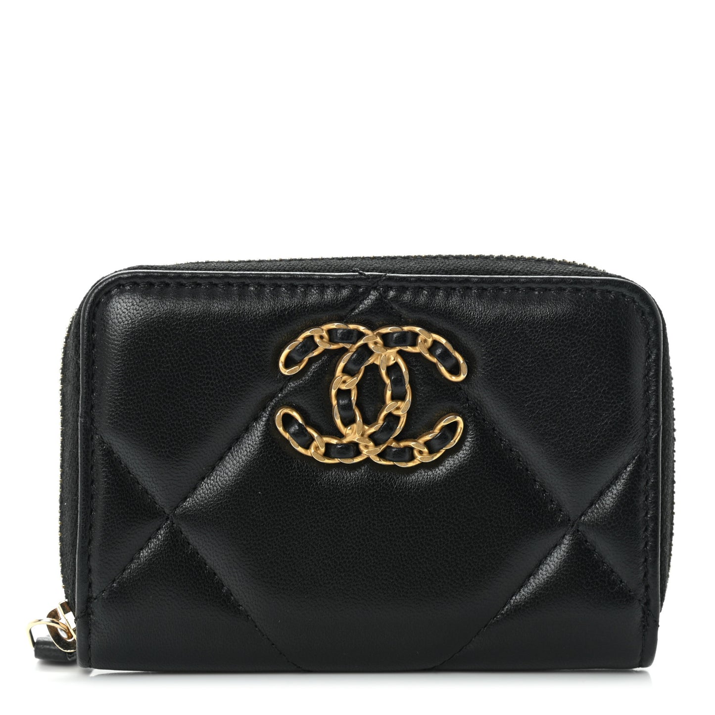 Lambskin Quilted Chanel 19 Zip Around Coin Purse Wallet Black