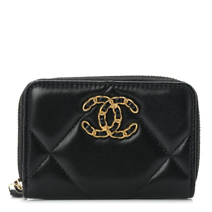 Chanel Lambskin Quilted Chanel 19 Zip Around Coin Purse Wallet Black 1 of 9