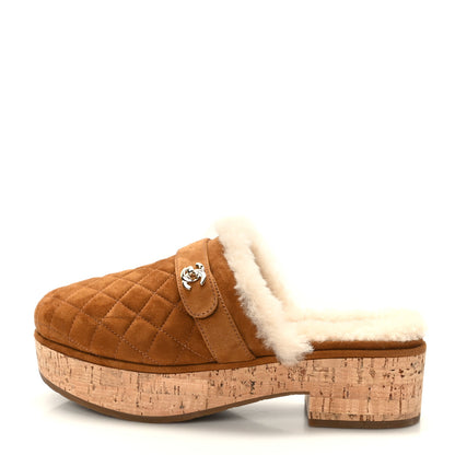 Chanel Suede Calfskin Shearling Turn Lock Clogs 39 Brown 1 of 7