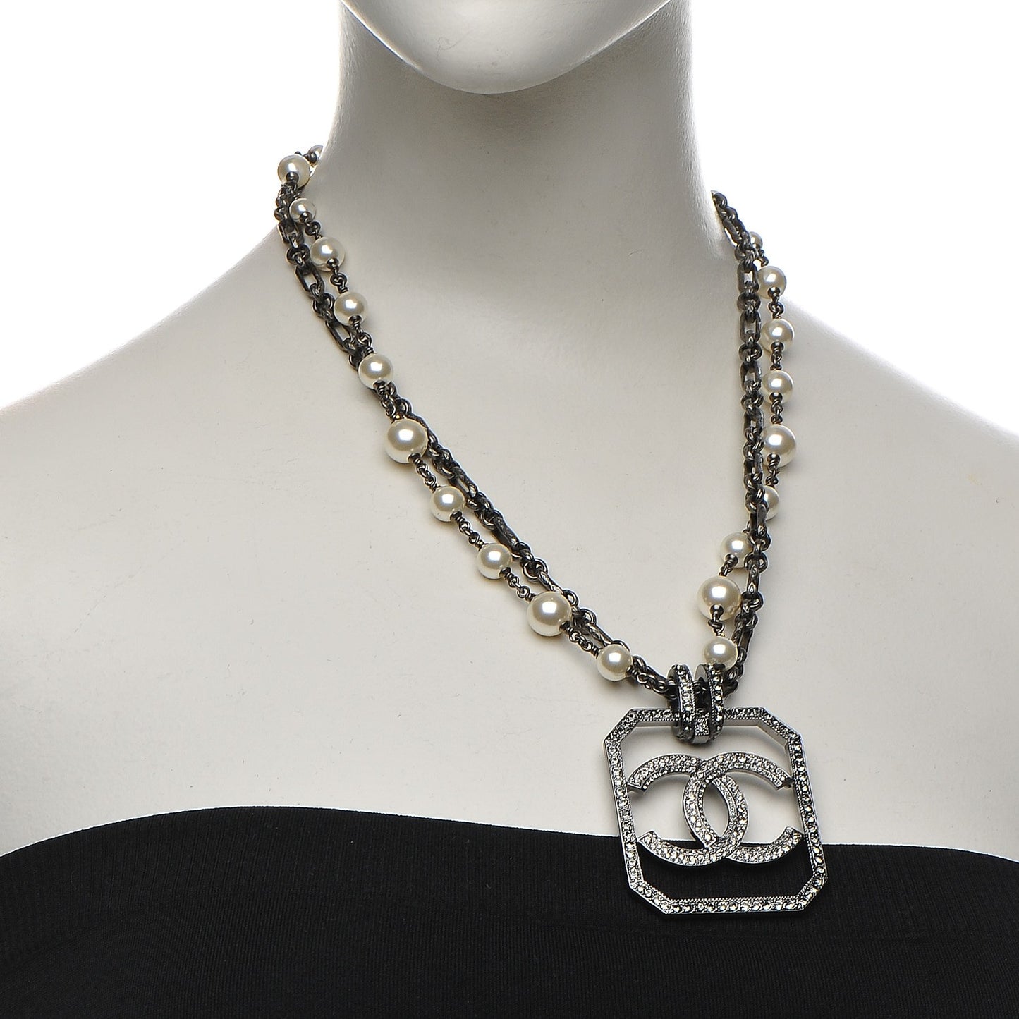 Pearl Crystal CC Double Strand Necklace Ruthenium