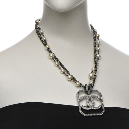 Chanel Pearl Crystal CC Double Strand Necklace Ruthenium 2 of 7