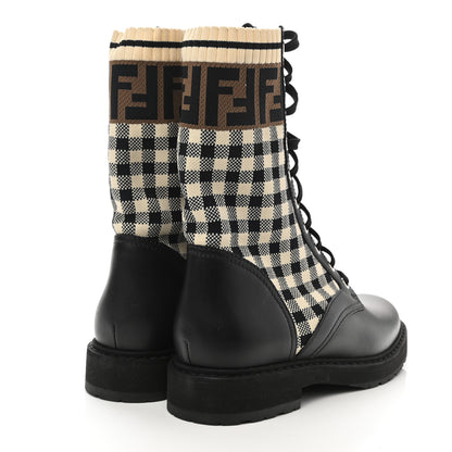 Fendi Vitello Stretch Fabric FF Vichy Rockoko Biker Boots 38 Black Crema Tobacco 4 of 7