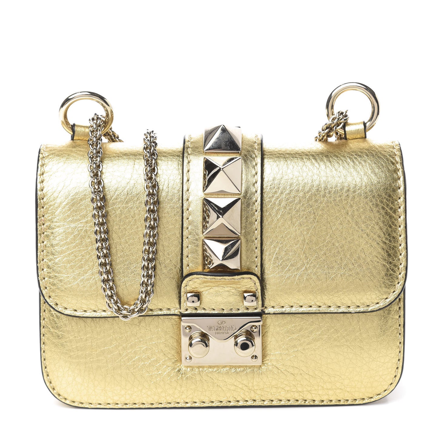 Metallic Vitello Small Glam Lock Rockstud Flap Gold