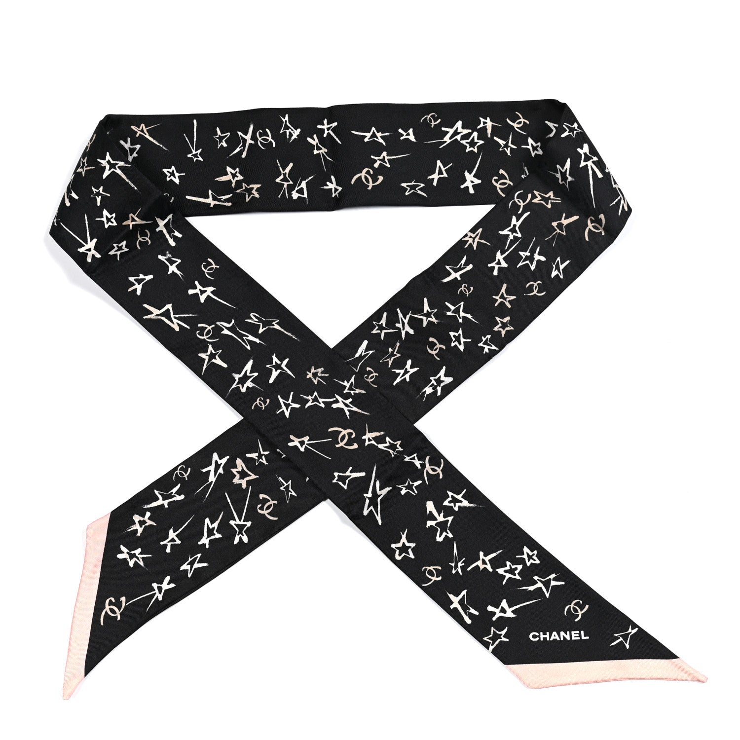 Chanel Silk Stars CC Slim Bandeau Scarf Black Ecru Light Pink 1 of 3