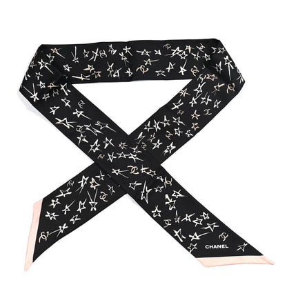 Chanel Silk Stars CC Slim Bandeau Scarf Black Ecru Light Pink 1 of 3