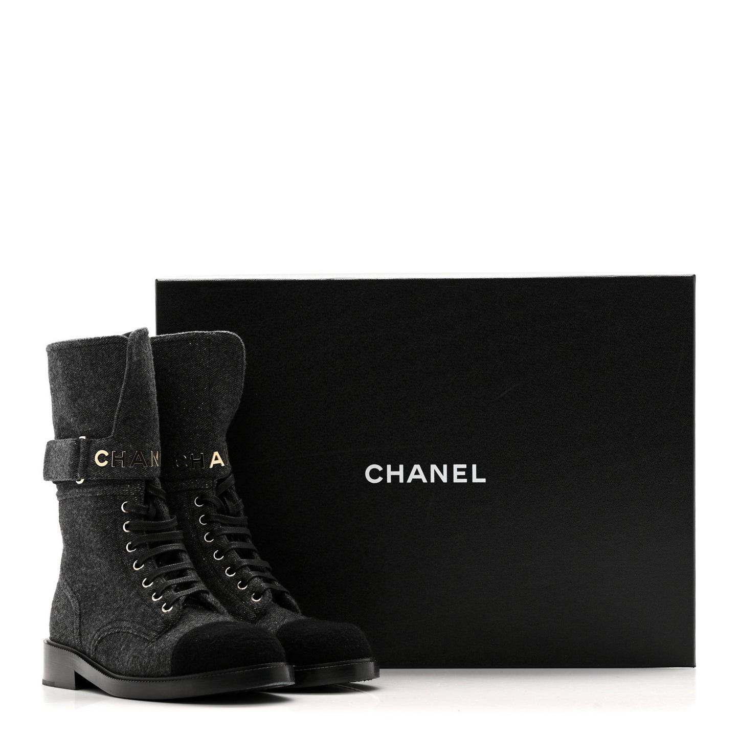 Tweed Lace Up Combat Boots 37.5 Dark Grey Black