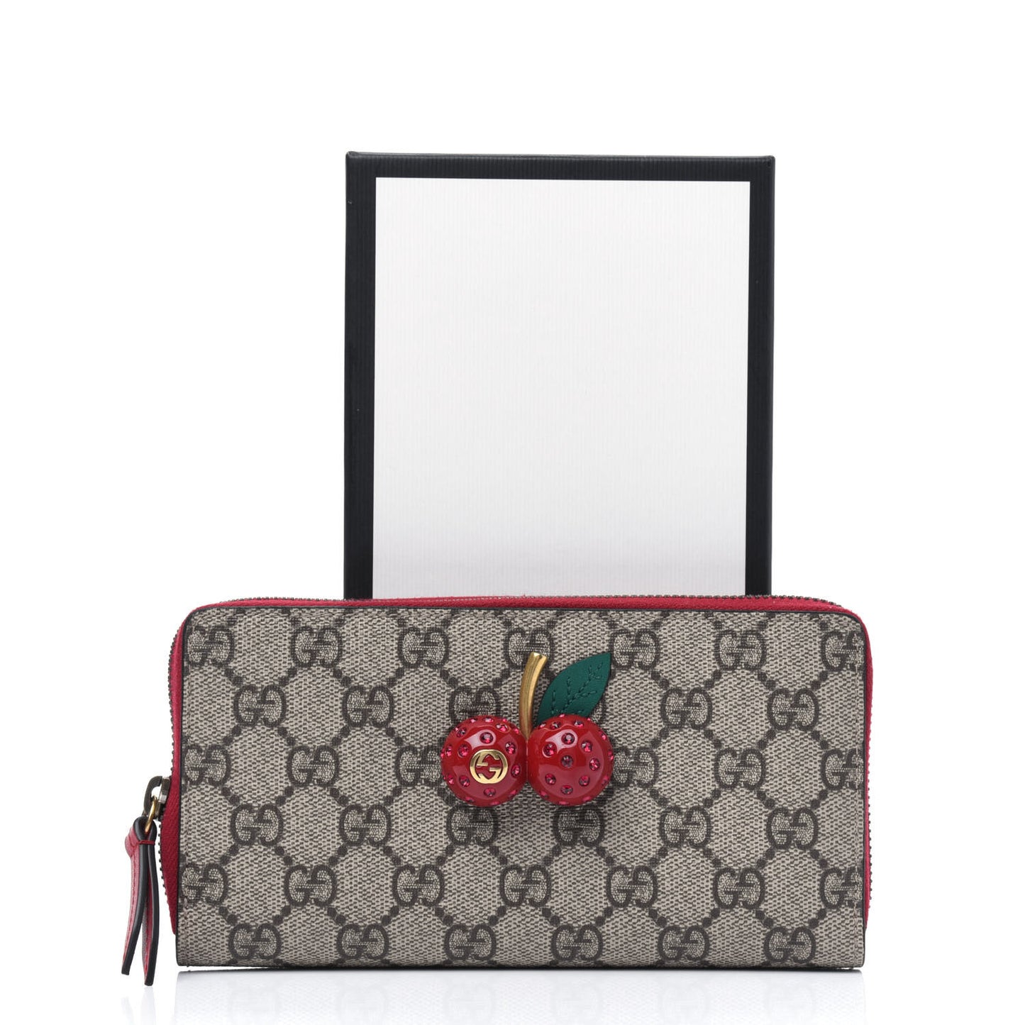 GG Supreme Monogram Cherries Zip Around Wallet Hibiscus Red