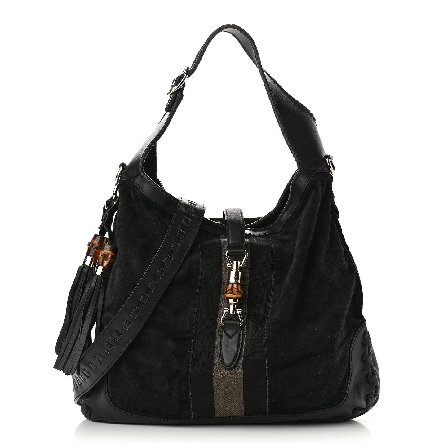 Calfskin Suede Large New Jackie Web Shoulder Bag Black